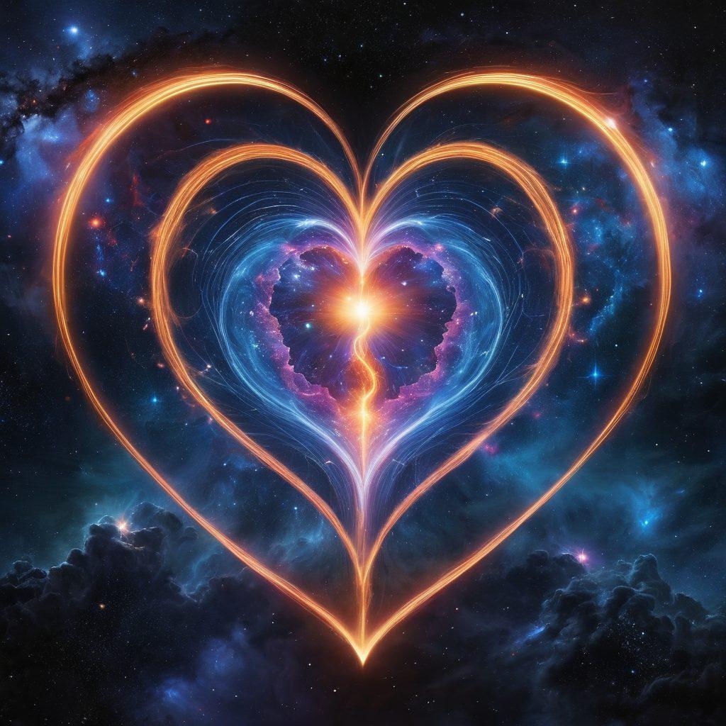 A cosmic scene featuring intertwined electric currents forming heart shapes in a starry sky, symbolizing love and spiritual connections. Celestial bodies like planets and nebulas radiate vibrant energy colors, creating a sense of harmony and connection. Ethereal figures can be seen in the background, representing individuals embracing this electric love. super-realistic. vibrant colors. cosmic theme.