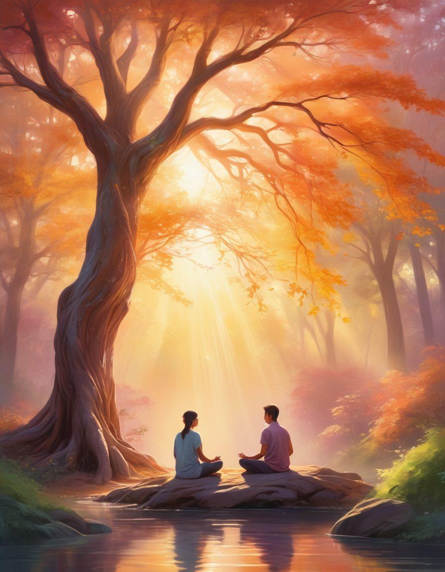 A serene landscape showcasing two people meditating together under a radiant tree, surrounded by a soft glow of spiritual energy swirling around them. The scene is enriched with warm colors, symbolizing harmony and connection, while gentle rays of sunlight filter through the leaves, creating a peaceful atmosphere. Ethereal patterns float in the air, representing the flow of energy between them. soft painting. vibrant colors.