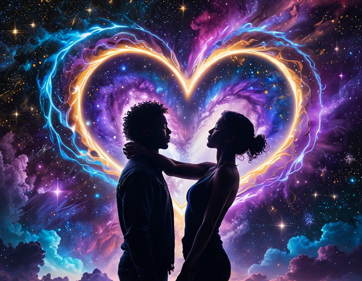 A cosmic scene depicting two human silhouettes connecting through vibrant cosmic energy, radiating electric hues of purple, blue, and gold. Swirling galaxies and stars surround them, symbolizing the vastness of love and connection. Soft, ethereal light casts a warm glow, suggesting harmony and unity. The background should blend cosmic elements with heart shapes, emphasizing the theme of electric love. vibrant colors. super-realistic. cosmic art.